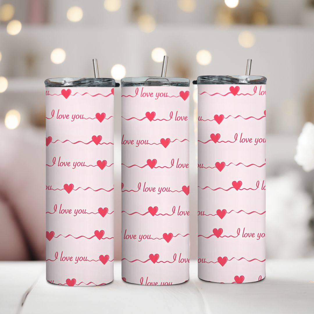 Termoska Love Lines s jemným vzorom srdiečok a nápisom I love you, darčeková termoska 600 ml so slamkou