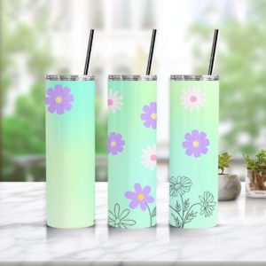 Nerezová termoska Mint Flowers s jemným zeleným kvetinovým dizajnom a slamkou
