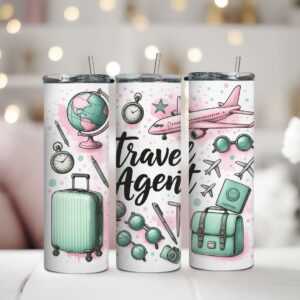 Termohrnček Travel Agent s ilustráciami cestovania a nápisom Travel Agent