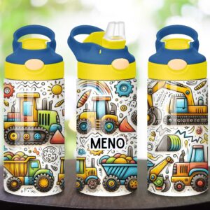 Detská nerezová fľaša 360 ml s menom a motívom bagrov a stavebných strojov