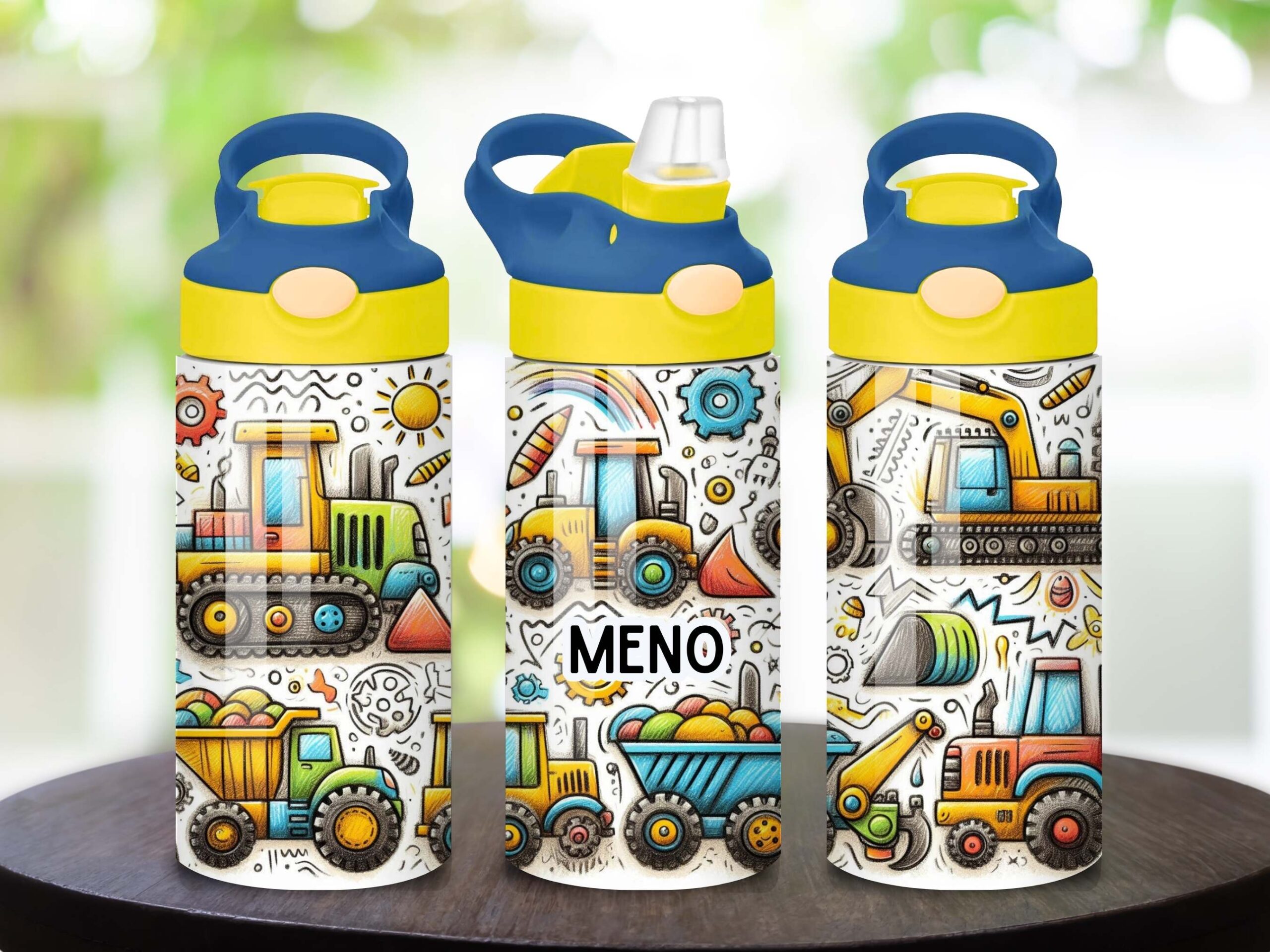 Detská nerezová fľaša 360 ml s menom a motívom bagrov a stavebných strojov