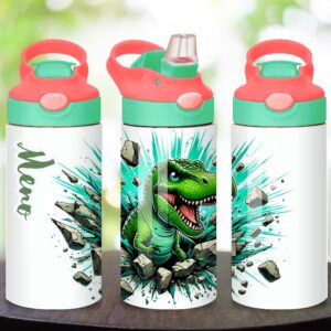 Detská nerezová fľaša 360 ml s menom a motívom zeleného dinosaura