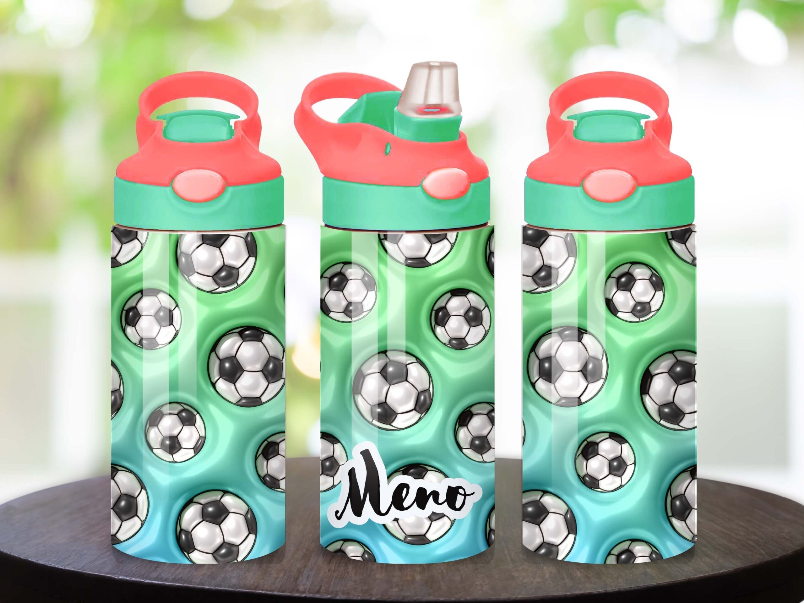 Detská nerezová fľaša 360 ml s menom a motívom futbalových lôpt