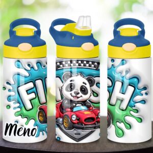 Detská nerezová fľaša 360 ml s menom a motívom pandy v závodnom aute