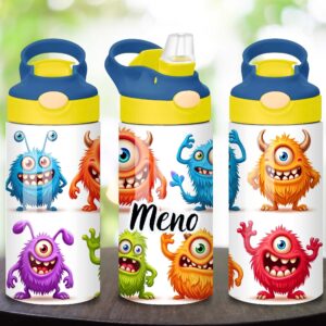 Detská nerezová fľaša 360 ml s menom a motívom veselých farebných príšeriek