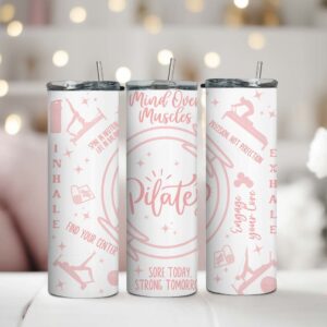 Nerezová termoska Pilates 600 ml so slamkou a uzatvárateľným viečkom s ružovým športovým motívom