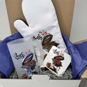 darčekový box pre grilmajstra s pivovým pohárom chňapkou a podtáckou