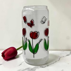 Sklenený pohár 475 ml s tulipánmi a motýľmi