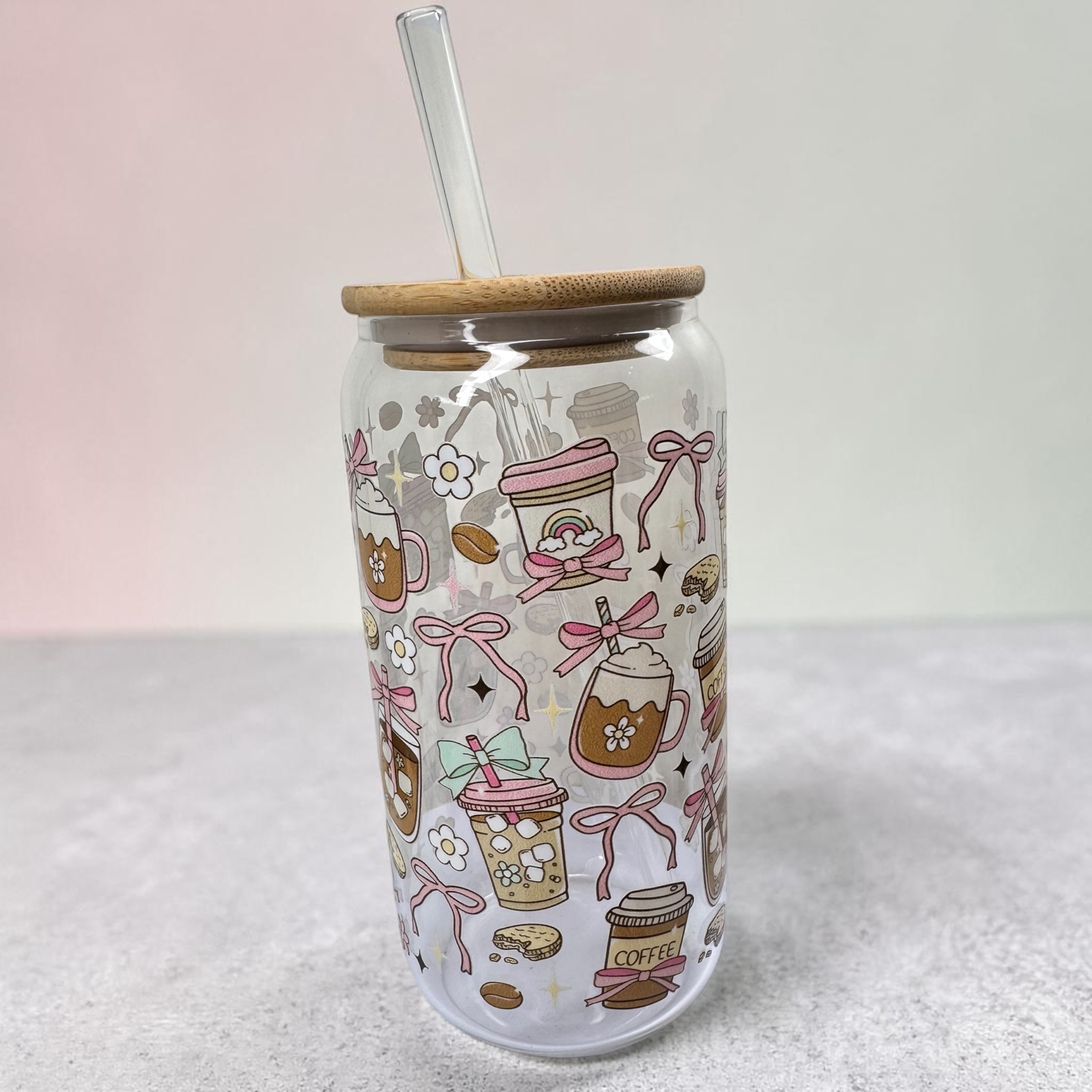 Sklenený pohár „Kávové radosti“ s mašličkami – 475 ml - Image 2