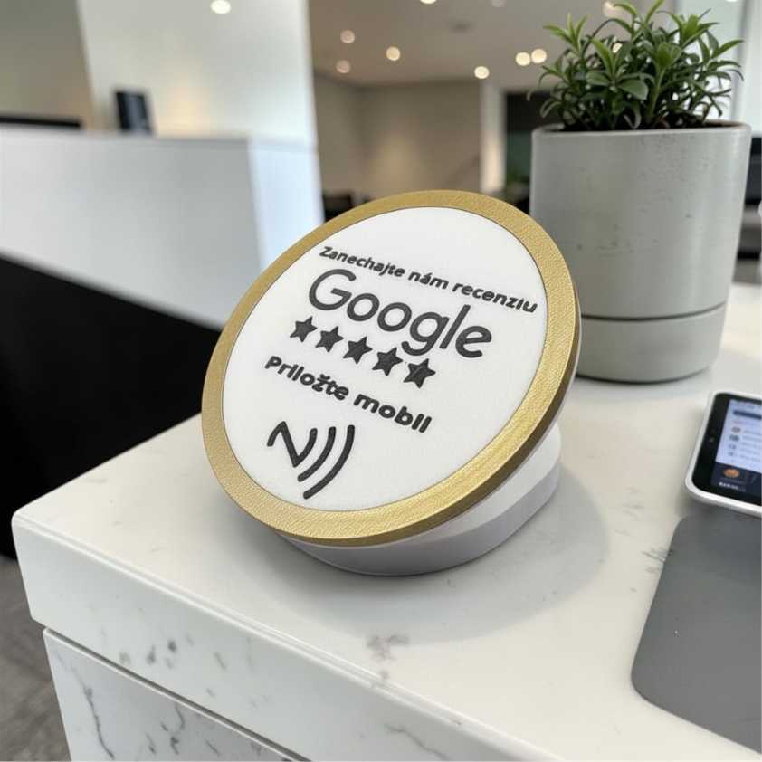 Biely 3D tlačený NFC stojan so zlatým lemovaním na získavanie Google recenzií priložením mobilu umiestnený na bielej recepcii.