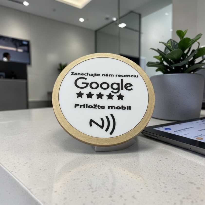 Biely 3D tlačený NFC stojan so zlatým lemovaním na získavanie Google recenzií priložením mobilu umiestnený na bielej recepcii.