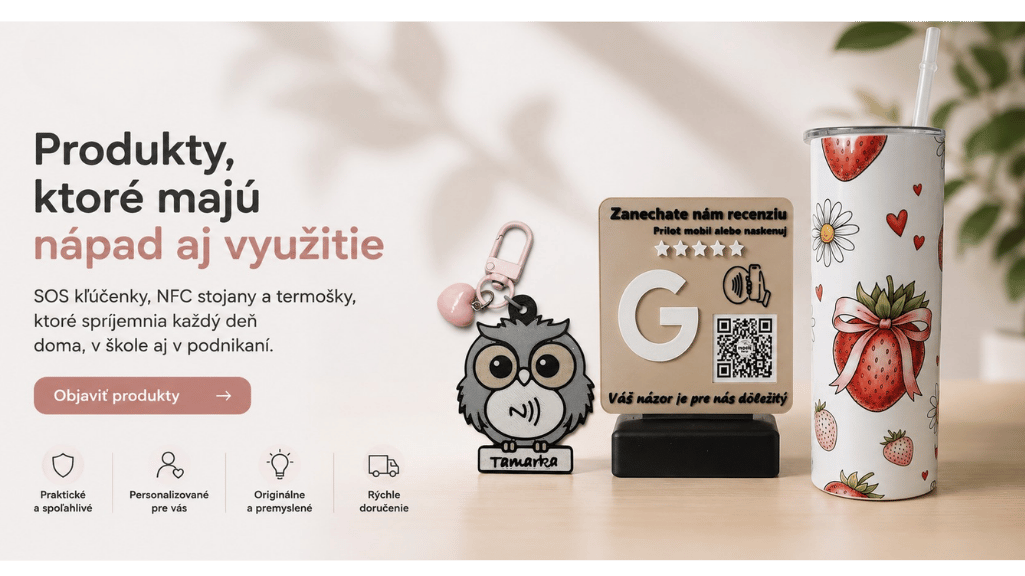 NFC stojany pre podnikanie, SOS kľúčenky a termohrnčeky Mooli shop