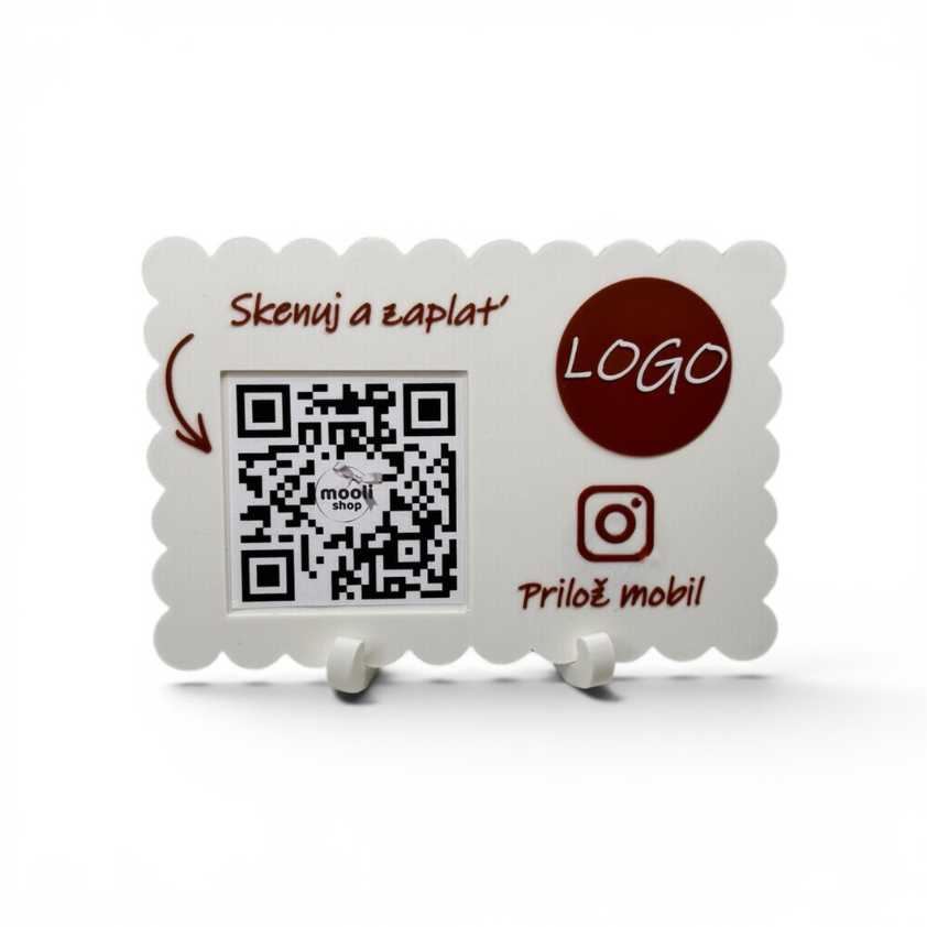 Personalizovaný QR a NFC stojan s logom firmy pre QR platby a prepojenie na Instagram, vhodný pre salóny, obchody a služby.