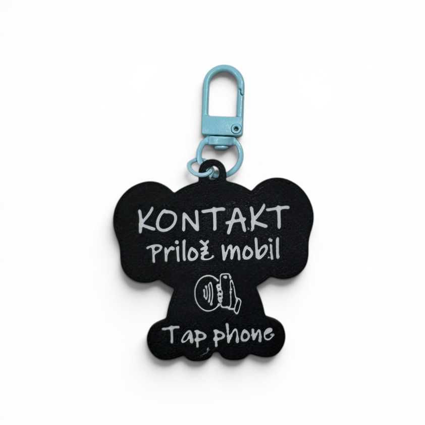 SOS NFC kľúčenka Sloník zadná strana pre deti s kontaktom na rodiča a NFC technológiou