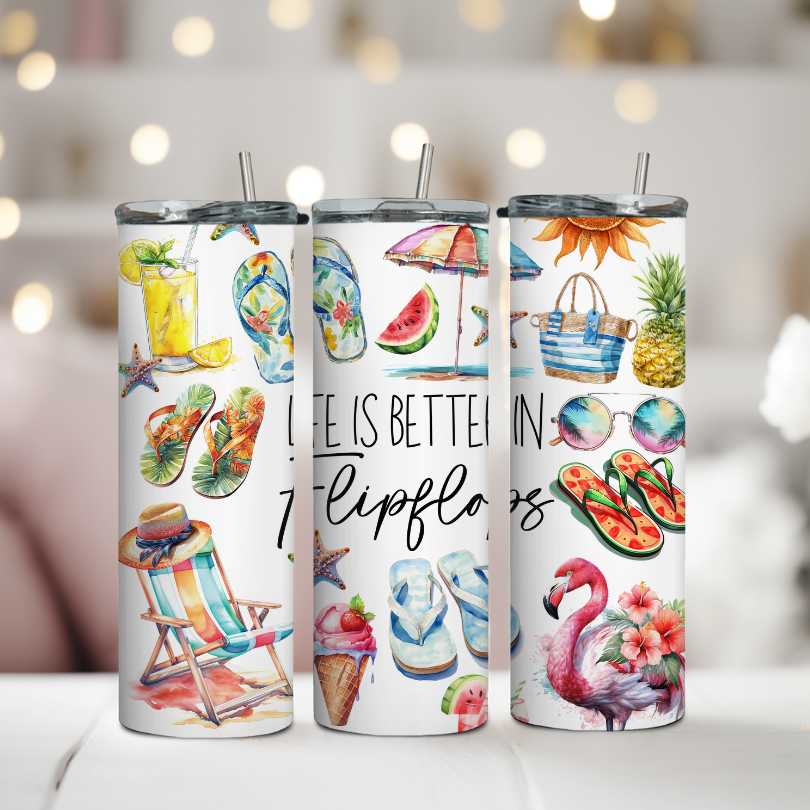 Personalizovaný nerezový termohrnček so slamkou 590 ml Summer Vibes s motívom plameniaka, pláže, ananásu a letných doplnkov.