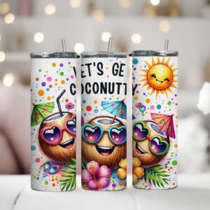 Termohrnček so slamkou 590 ml Let's Get Coconuty s tropickým motívom kokosu a slnka, nerezový s možnosťou personalizácie.