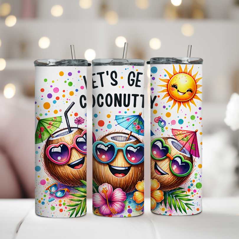 Termohrnček so slamkou 590 ml Let's Get Coconuty s tropickým motívom kokosu a slnka, nerezový s možnosťou personalizácie.