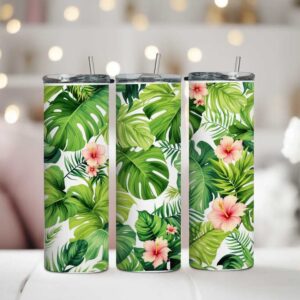 Termohrnček so slamkou 590 ml s tropickými listami a kvetmi, nerezový s možnosťou personalizácie.