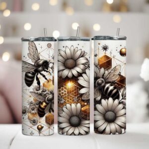 Termohrnček so slamkou 590 ml s motívom včiel, margarét a medových plástov, nerezový s možnosťou personalizácie.