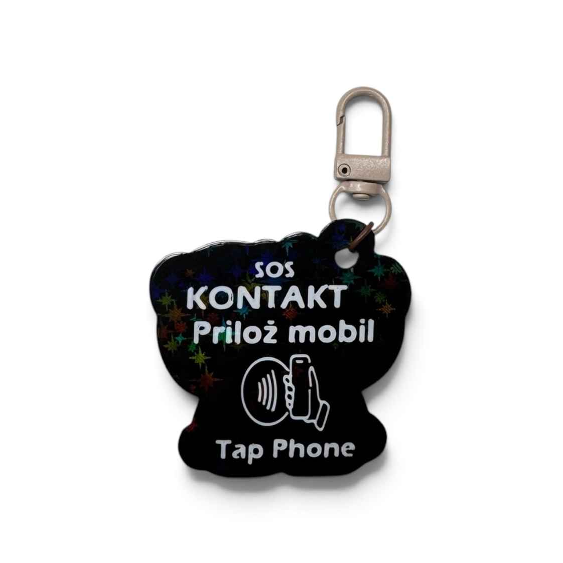 Zadná strana SOS kľúčenky s nápisom SOS KONTAKT Prilož mobil a integrovaným NFC čipom